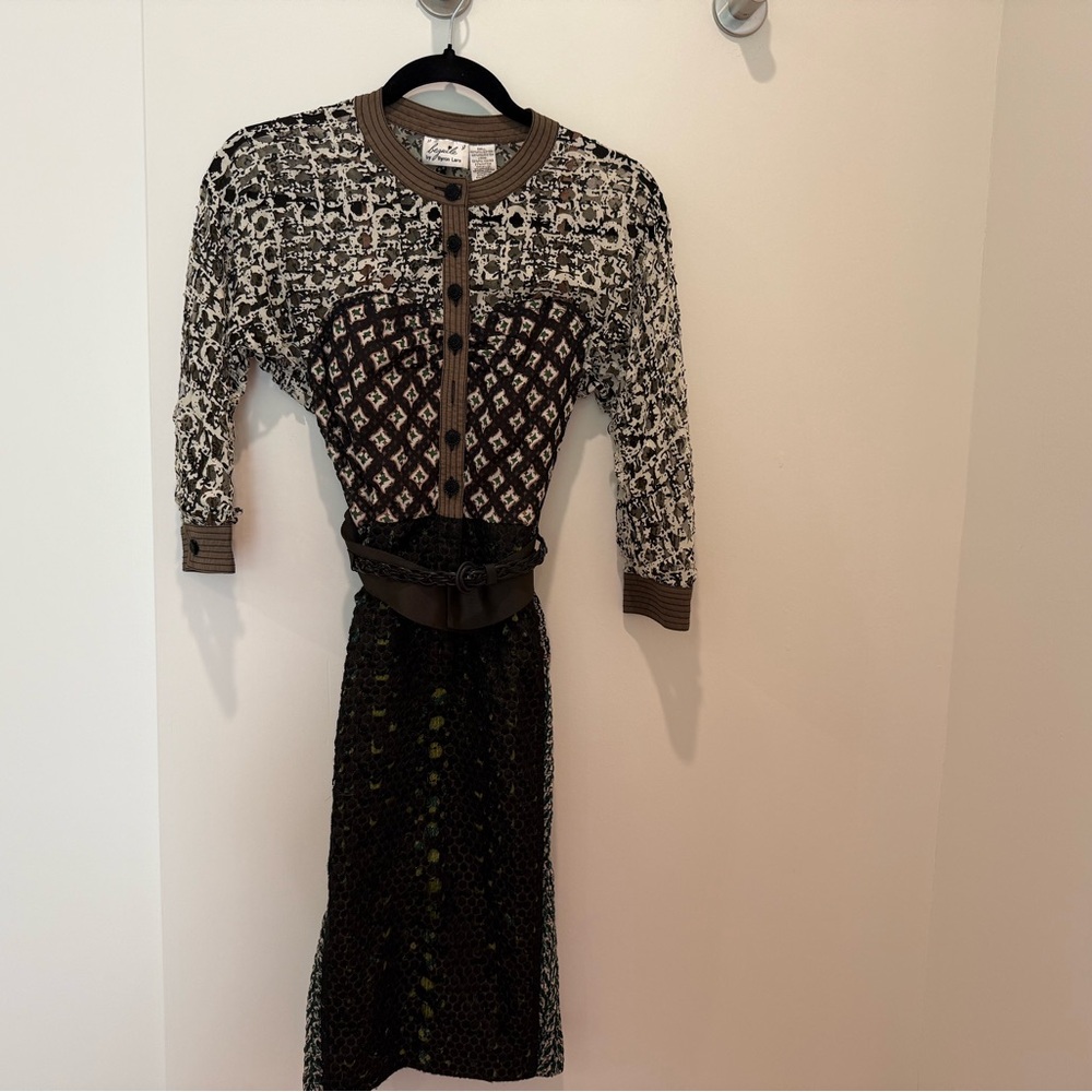 Byron Lars Lace Printed Sheath Dress 3/4 Sleeve Crew Neck